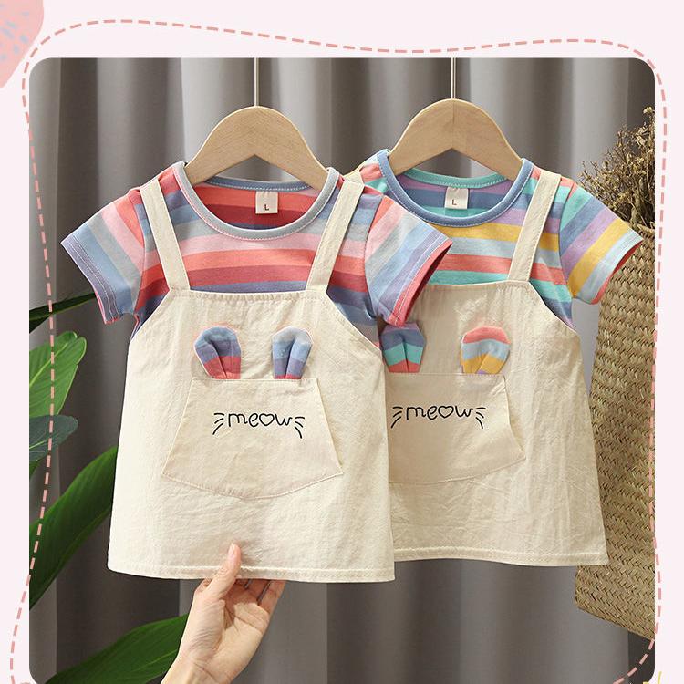 Children Dress Spring Summer O-neck Kids Clothing  Baby Girls Clothing Printing Short Sleeve Fake Two Dress Girl