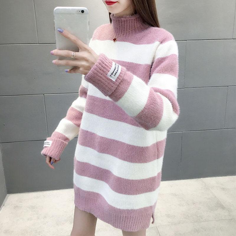 Autumn and Winter Mohair Sweater Skirt Mid-length Plus Velvet Thick Bottoming Shirt Loose Striped Women's Dress