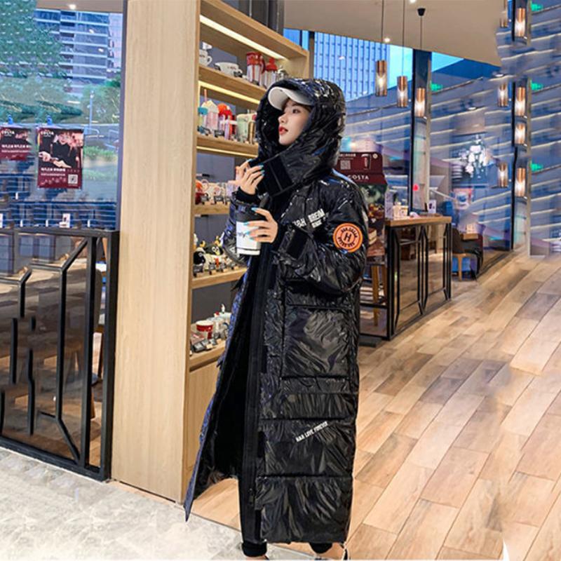 Women's Winter Korean Style Loose Quilted Coat Warm Stand-up Collar Down Jacket Women's Bright Face Long Down Jacket