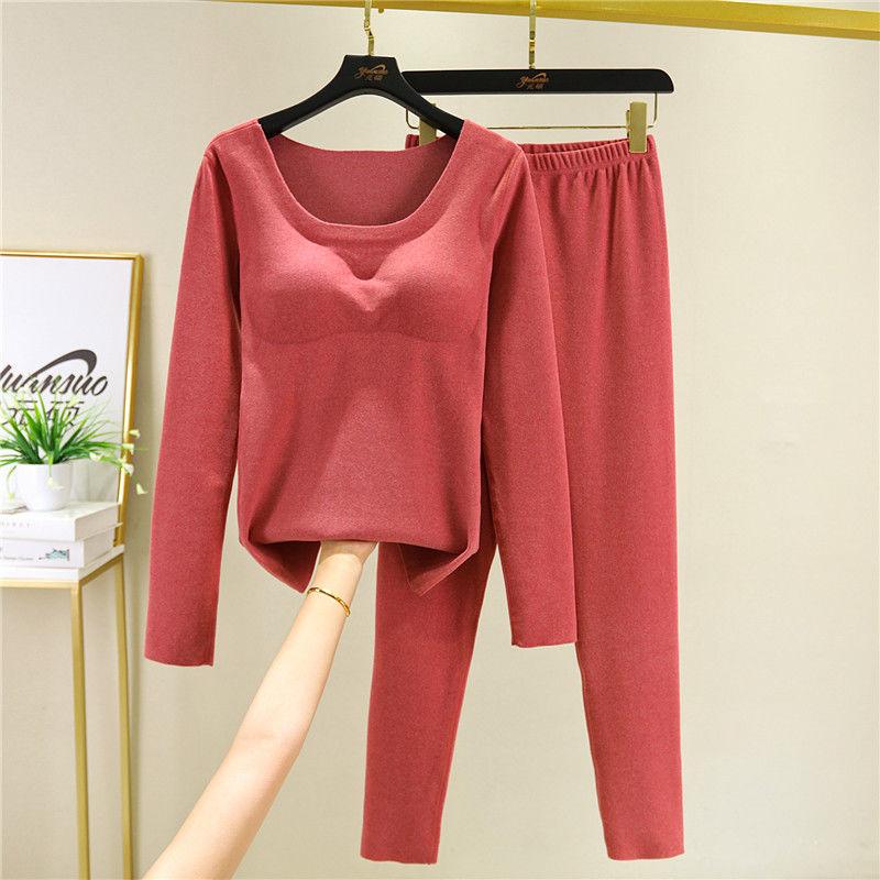 All-in-one Thermal Underwear Set with Chest Pad Two-piece Female Autumn Winter Plus Velvet Self-heating Bottoming Shirt