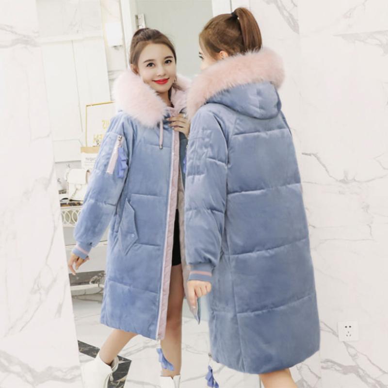 Women's Solid Color Down Jacket Mid-length Korean Loose Thick Coat Warm Cotton Coat Big Fur Collar Winter Clothes Quilted Coat