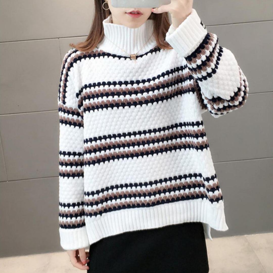 Women's Winter Large Size Versatile Striped Sweater Female Autumn Loose High Collar Long Sleeve Warm Knitted Pullover