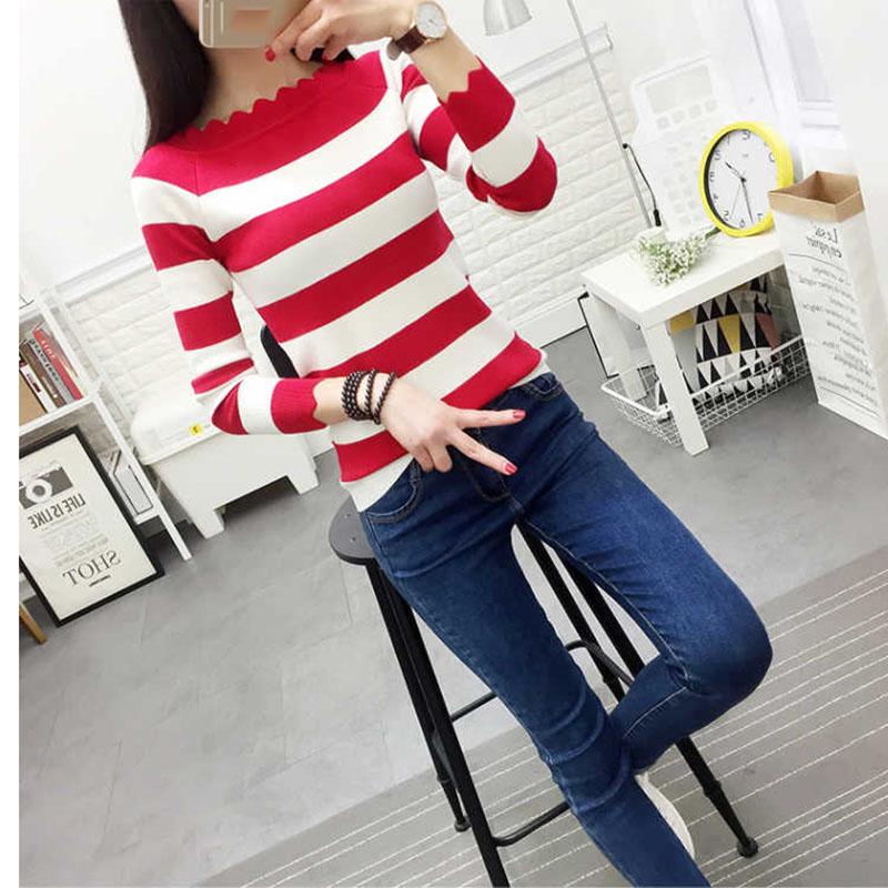 Autumn and Winter All-match Sweater Slim Short Bottoming Shirt Striped Pattern Young Women's Top