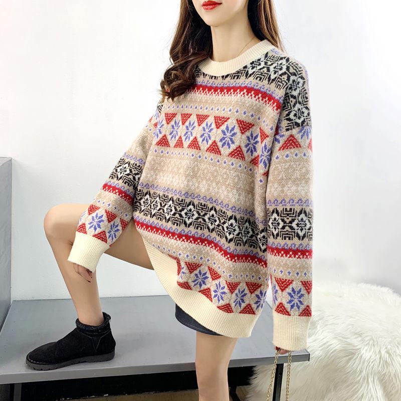 Autumn and Winter Retro Geometric Pattern Sweater Loose Casual Jacquard Top Pure Cute Girl Sweater