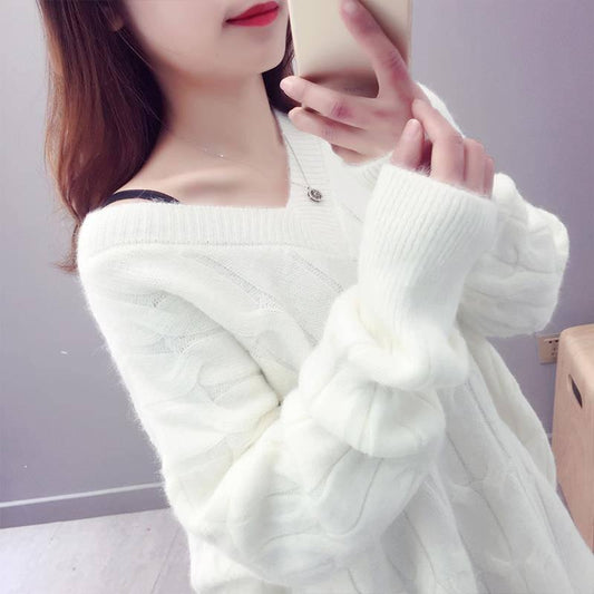 Knitted Sweater V-Neck Long Sleeve Pullovers Loose Coat Casual Autumn Winter Women's Sweater