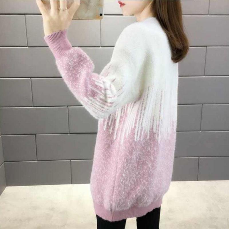 Women's Mohair Sweaters Thick Pullover Knitwear Gradient Color Round Neck Fuzzy Sweater