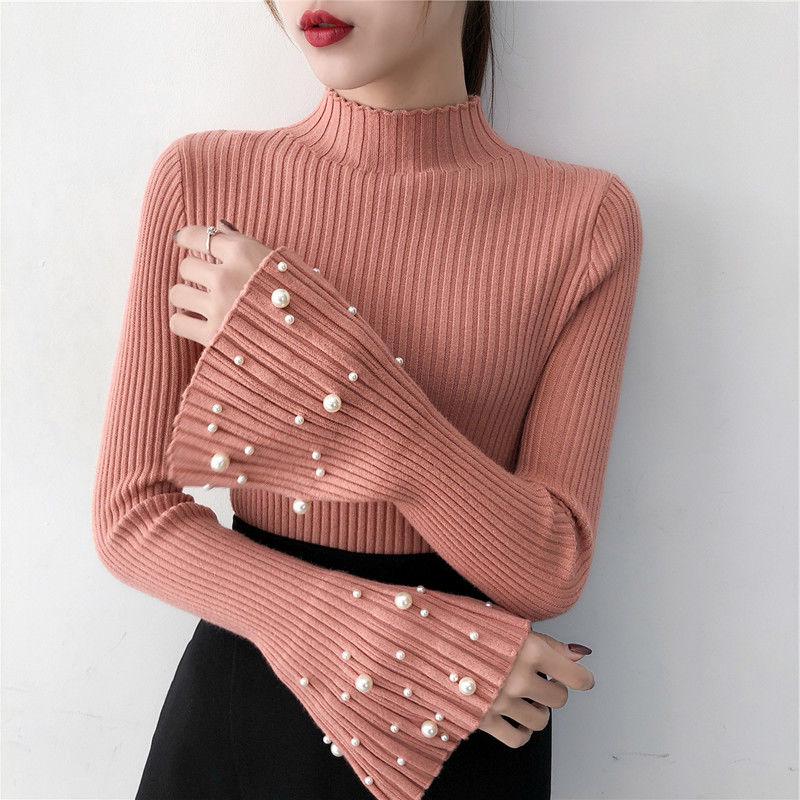 Trumpet Sleeves Pullover Sweater Women's Long-sleeved Slim Beaded Sweater Bottoming Shirt