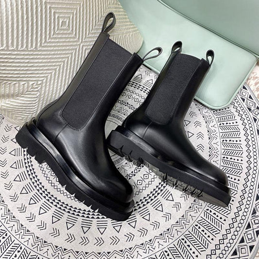 Short Boots Spring and Autumn Mid-tube Thick-soled Women's Smoking Boots Martin Shoes Women Black Mid-tube Women's Boots