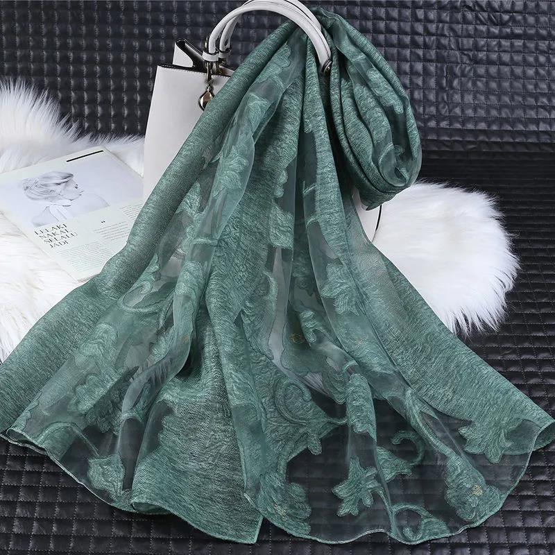 Women's Acrylic Linen Lace Silk Scarf Neck Conver Korean Scarves Long Gauze Scarf Pure Color Auspicious Cloud Embroidery Cut Flower High Quality Shawl