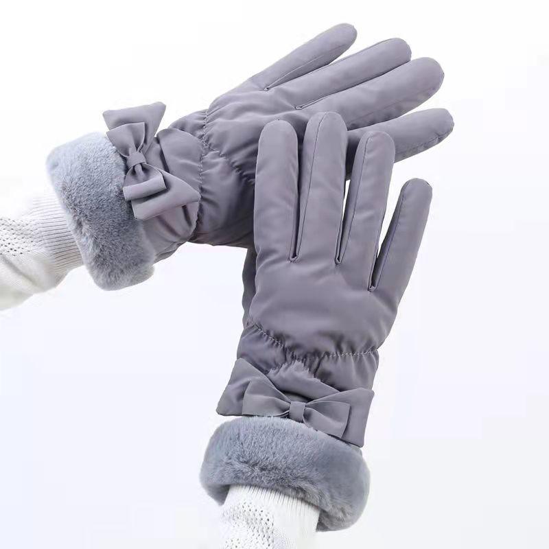 Women's Warm Gloves Winter Cold-proof Cute Bow Plus Velvet Thick Touch Screen Outdoor Sports Gloves Driving Ski Gloves Windstopper Gloves