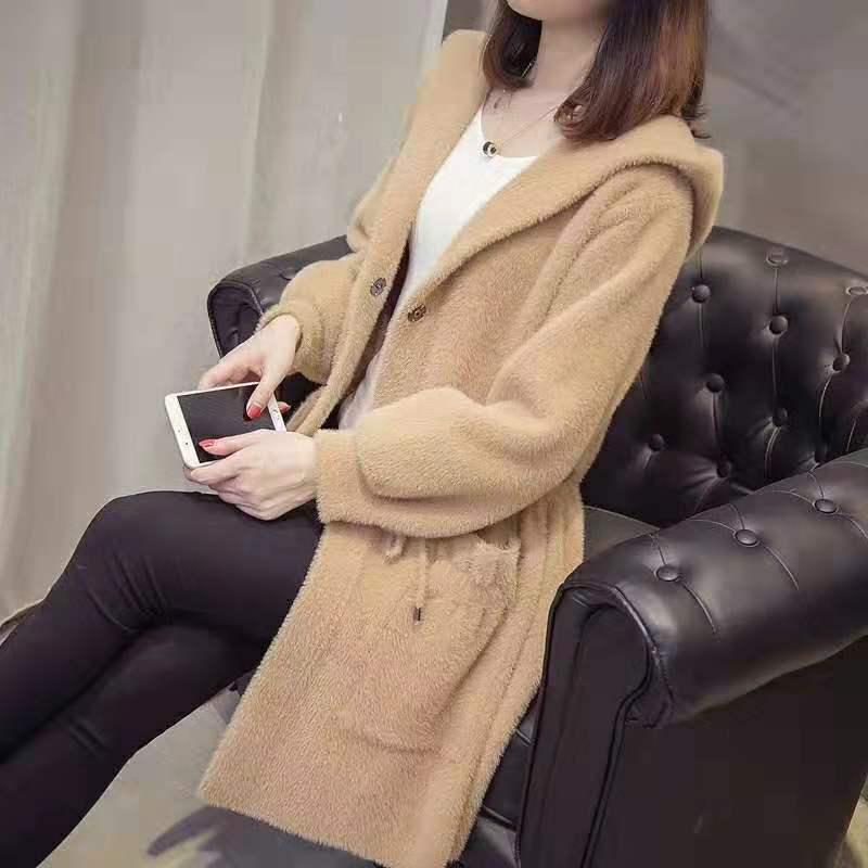 Autumn and Winter Knitted Cardigan Coat Korean Style Hooded Loose Sweater Mid-length Popular Coat Women