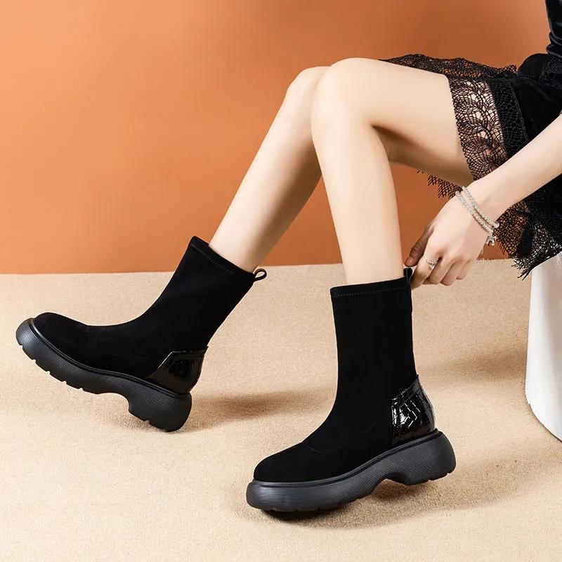 Black Boots Woman Autumn and Winter Elastic Boots Korean Version of Wild Short Boots Increased Thick-soled Boots Martin Boots