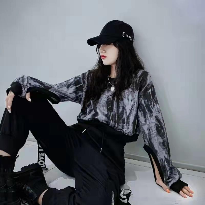 Women's Sweater Spring and Summer Korean Version Loose Harajuku Style Tie-dye Ripped Sweater Short Thin Long-sleeved Top