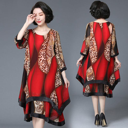 L-XXXXXL Women's Summer Dress Chiffon Veil irregular Leopard Round Neck Printing Mid-length Daily Wear