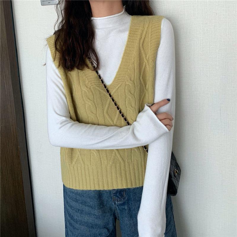 2021 Women Solid Loose Knitted Vest Sweater Girls V Neck Sleeveless Thick Vintage Sweater Female Waistcoat Chic Tops