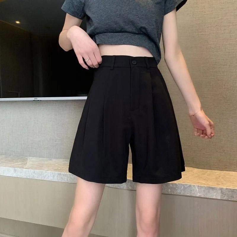 Women's Summer Straight Shorts Korean Version Drape Loose and Thin Casual High Waist Suit Wide Leg Pants Student Wide Leg Pants Elastic Waist Shorts