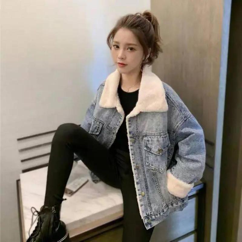 Autumn and Winter Plus Velvet Lapel Denim Jacket Women Loose Bf Wind Cotton Jacket Warm Denim Jacket Casual Jacket