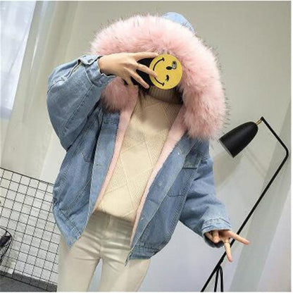 Overcoat Thick Warm Coat Denim Jacket Female Winter Fur Collar Lamb Coat Student Short Coat