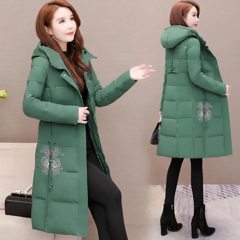 Winter Women's Mid-length Down Jacket Chinese Style Embroidered Slim Down Cotton Jacket Thick Warm Hooded Cotton Jacket