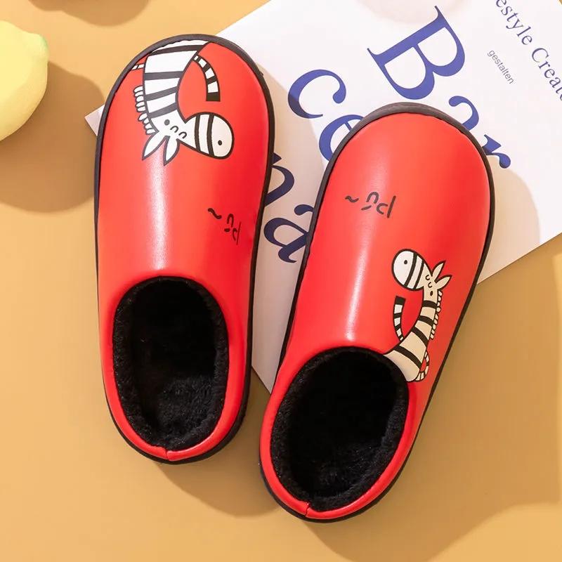 Waterproof Cotton Slippers Women PU Leather Non-slip Couples Home Slippers House Sliders Men Winter Thick Warm Cartoon Cute Indoor Shoes Bedroom