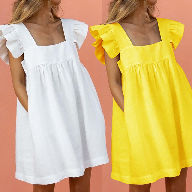 Women Ruffled Dress Summer Cute Square Collar Pocket Dresses Elegant Butterfly Sleeve Beach Party Female Dresses