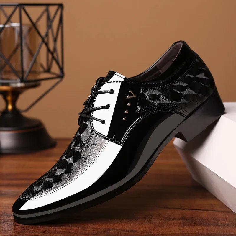 Men's Leather Shoes Business Casual Glossy Lacing Dress Leather Shoes Men's Moccasin Shoes Youth Formal Footwear Black Pointed Toe Wedding Shoes