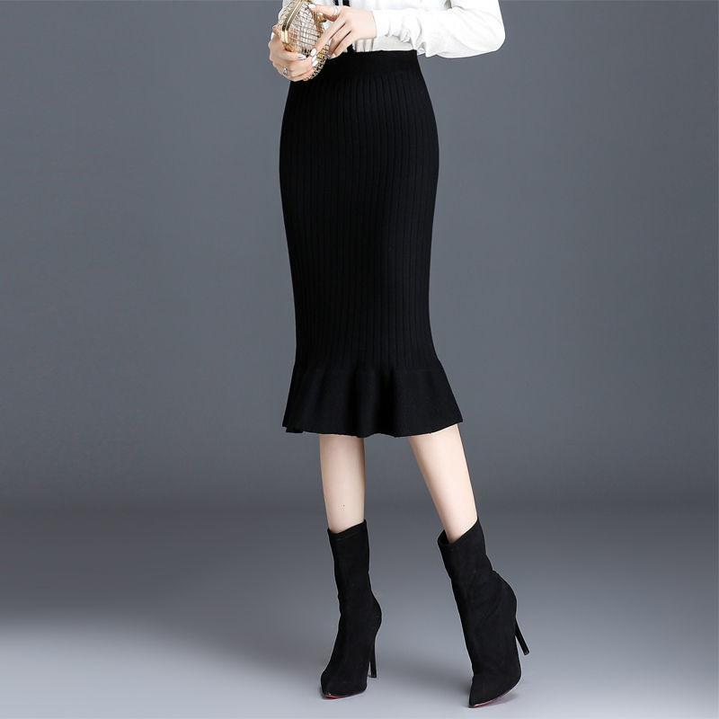 Women's Knitted Mermaid Skirt Fall/winter High Waist Elastic Wrap Hip Skirt Ladies Long Pencil Skirt