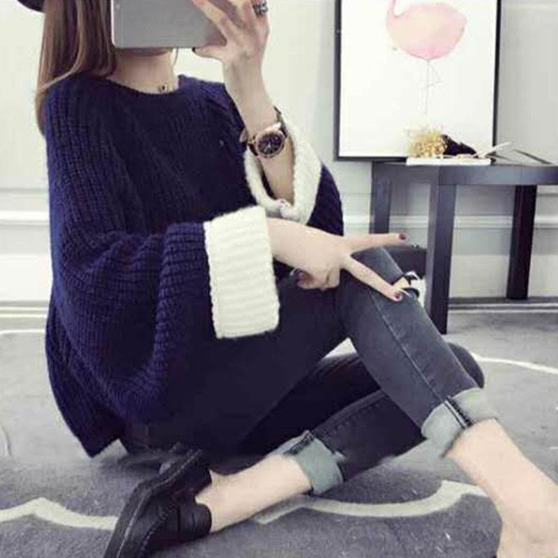 Autumn and Winter Short Casual Sweater Pullover Loose Casual Top Round Neck Long Sleeve Women's Sweater