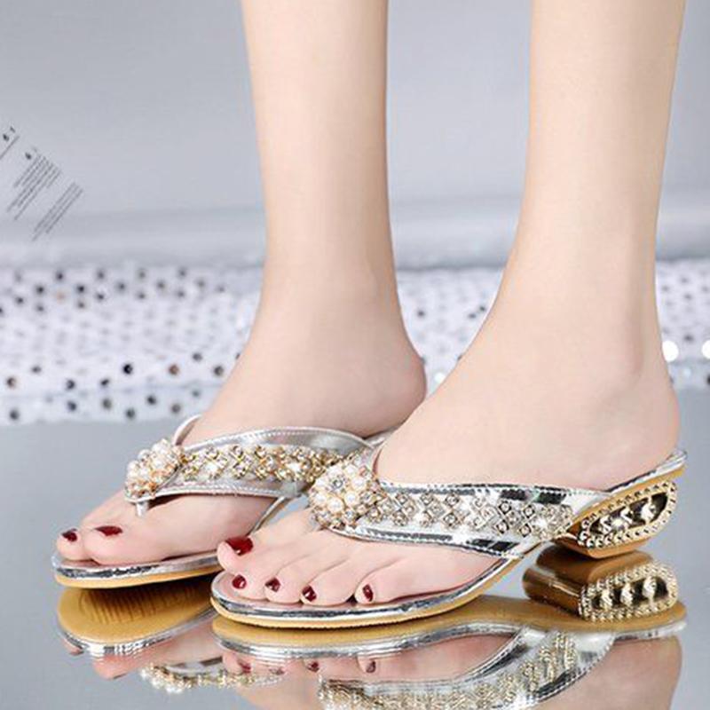 Flip-flops Women's Summer Wear Pearl Rhinestones Flip Flops Thick with All-match Fashionable Diamond Women's Shoes