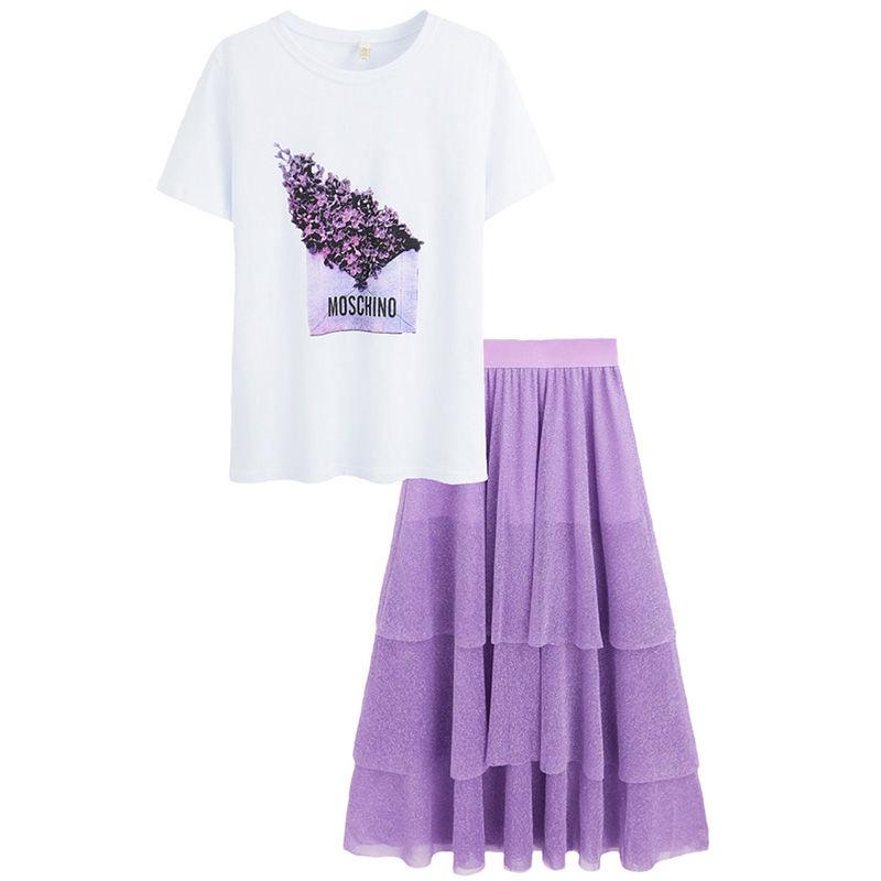 Suit Clothes Fairy Skirt Suit Super Fairy Net Yarn Cake Long Skirt Two-piece Sweet and Cute Purple Skirt Round Neck Short Sleeve T-shirt Skirt