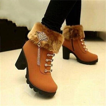 Women's Boots High-heeled Shoes Snow Boots Winter Fur Thick Ankle Boots  Plus Velvet Cotton Shoes