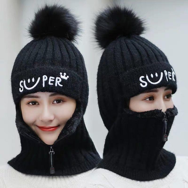 Winter Knitted Woolen Hat, Bib, One-piece Plus Velvet Thickened Earmuffs One-piece Cap, Outdoor Cycling Windproof Hat Accessories