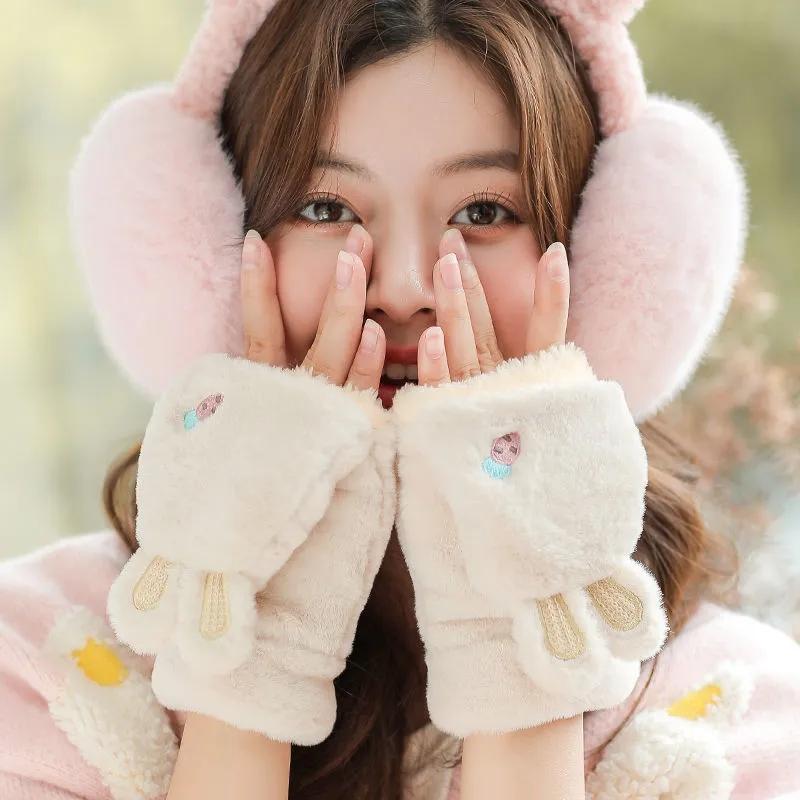 Cute Girl Winter Gloves Korean Student Warm Cute Rabbit Flip Open Finger Plush Plus Velvet Gloves