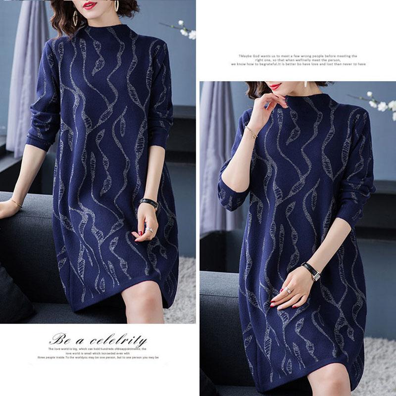 Autumn and Winter Mid-length Plus Size Bottoming Shirt Fashion Knitted Casual Dress Bright Silk Middle-aged Women Sweater Dress