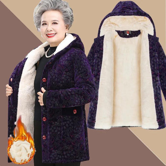 Medium and Long Section of The Elderly Winter Women's Thick Cotton-padded Jacket Gold Velvet Hooded Padded Jacket