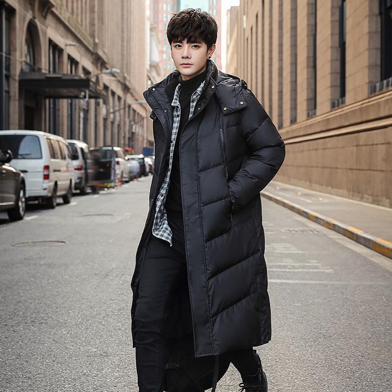 Winter Down Jacket Men's Mid-length Over-the-knee Jacket Korean Style Trend Loose Thick Warm Hooded White Duck Down Jacket