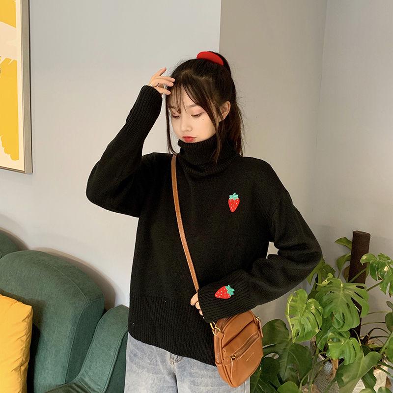 Autumn and Winter Fashion Loose Jacket Strawberry Embroidery Turtleneck Top Sweet Style Cute Female Sweater