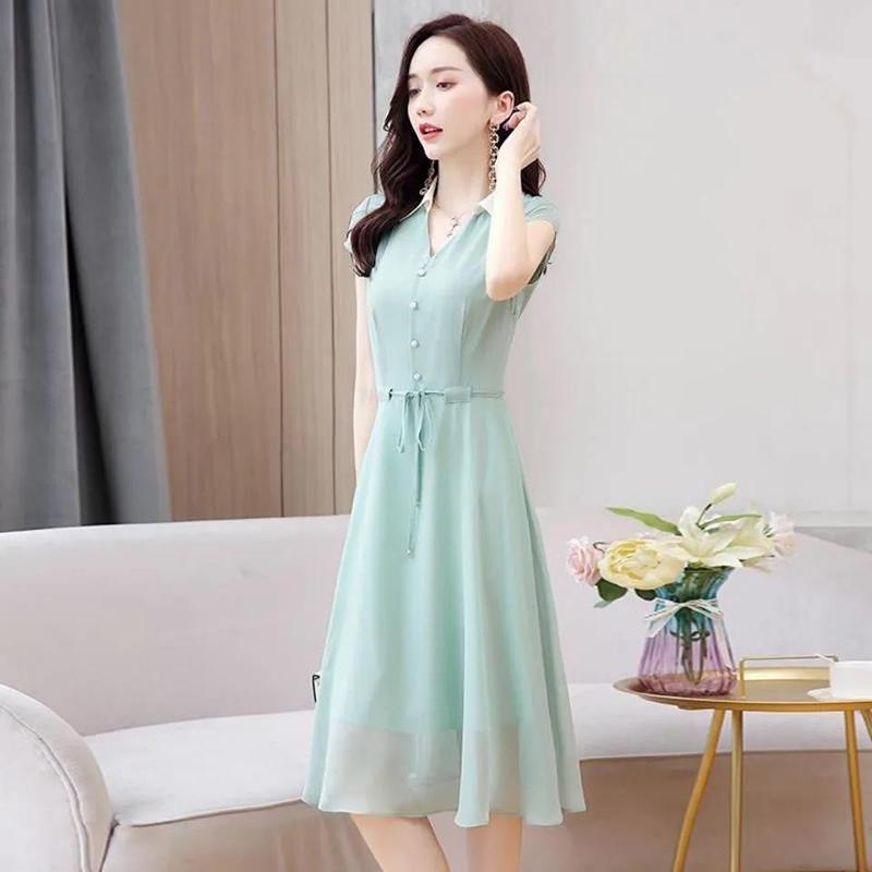 Dress Women's Summer Waist Was Thin and Temperament French Water Green Chiffon Dress