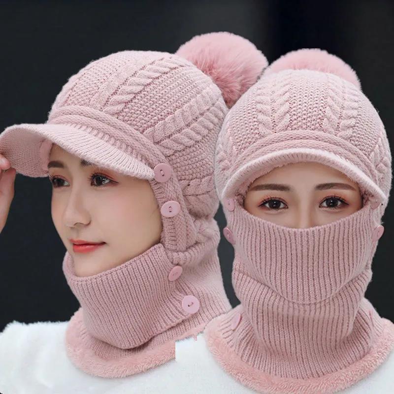 Hat Women's Winter Warmth and Thickened Cycling Wool Knitted Hat All-match Cold-proof Plus Velvet Outdoor One-piece Hat