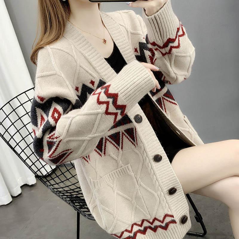 Sweater Cardigan Thickened Mid-length Spring and Autumn Loose Knit Lazy Style Jacket Women