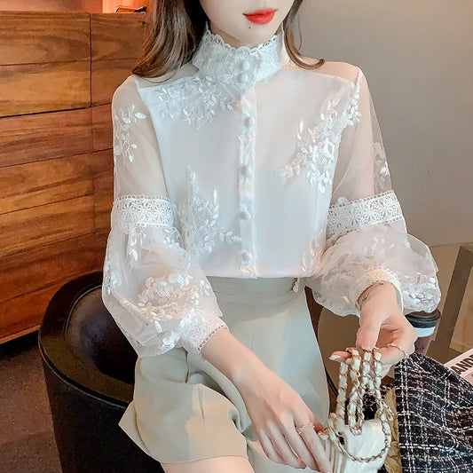 Sweet Lace Chiffon Shirts Elegant Patchwork Solid Spring Summer 2022 Stand Collar Long Lantern Sleeve Cardigan Women's Clothing