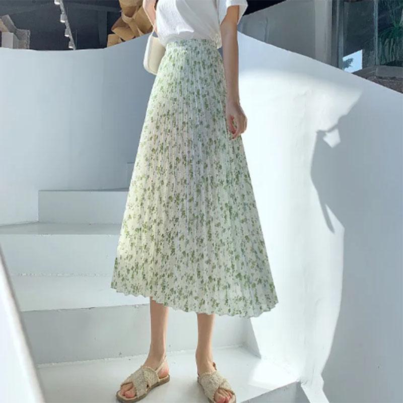 Design Sense Floral Pleated Skirt Women's Spring and Summer Mid-length High Waist All-match Drape A-line Large Swing Skirt