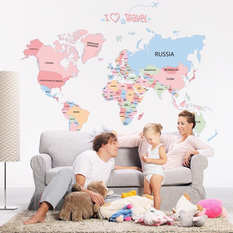 Cartoon living room bedroom color English wall sticker world map wallpaper