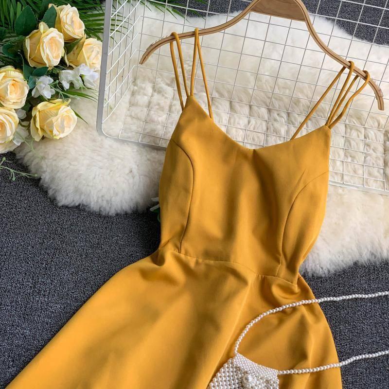 Summer Holiday Dress Cross Spaghetti Strap Open Back Solid Beach Style Ankle-Length Women Dresses