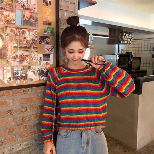 Rainbow Striped Sweaters Women Jumpers Knitted crew neck loose Pullover Long Sleeve Female