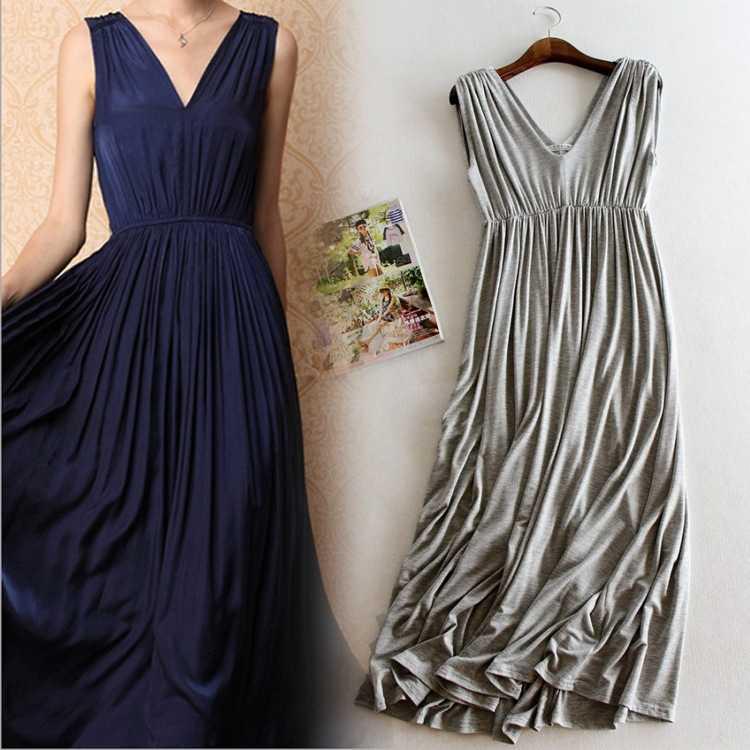 V-neck Sleeveless Long Maxi Dress Large Size Big Swing Cotton Evening Party Dress Elastic