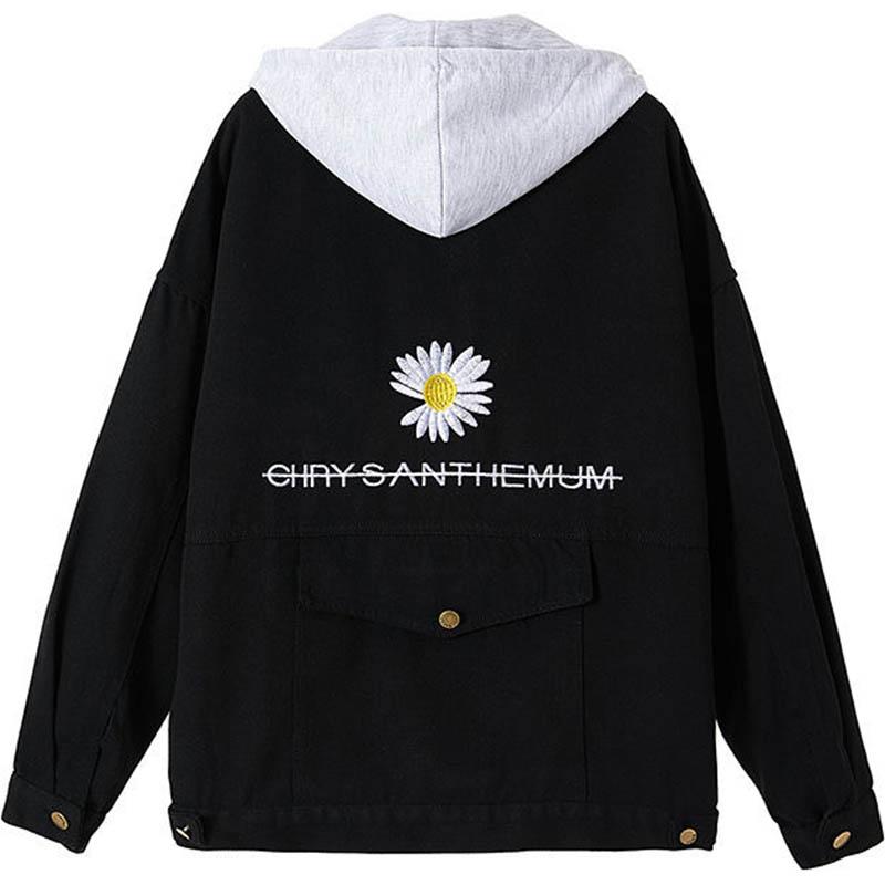 Autumn Style Detachable Cap Embroidered Daisy Denim Jacket Female Loose Student Jacket Top