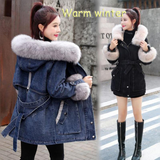 Ladies Winter Jacket Cashmere Thick Denim Hooded Coat with Big Fur Collar Parka