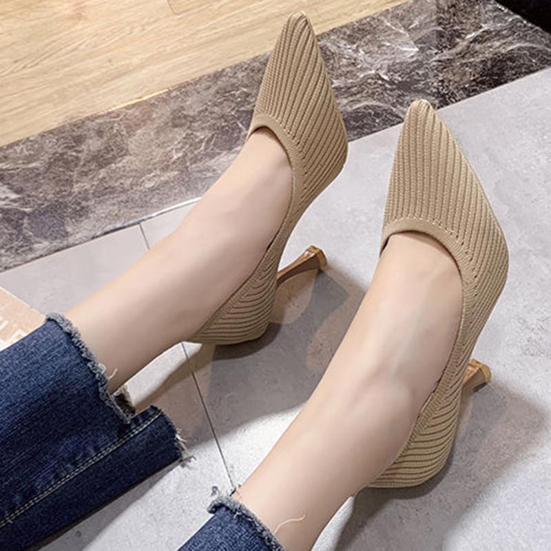 Flying Woven Single Shoes Women Spring and Autumn Pointed Toe Breathable High Heels All-match Nude High Heels Stiletto Shoes