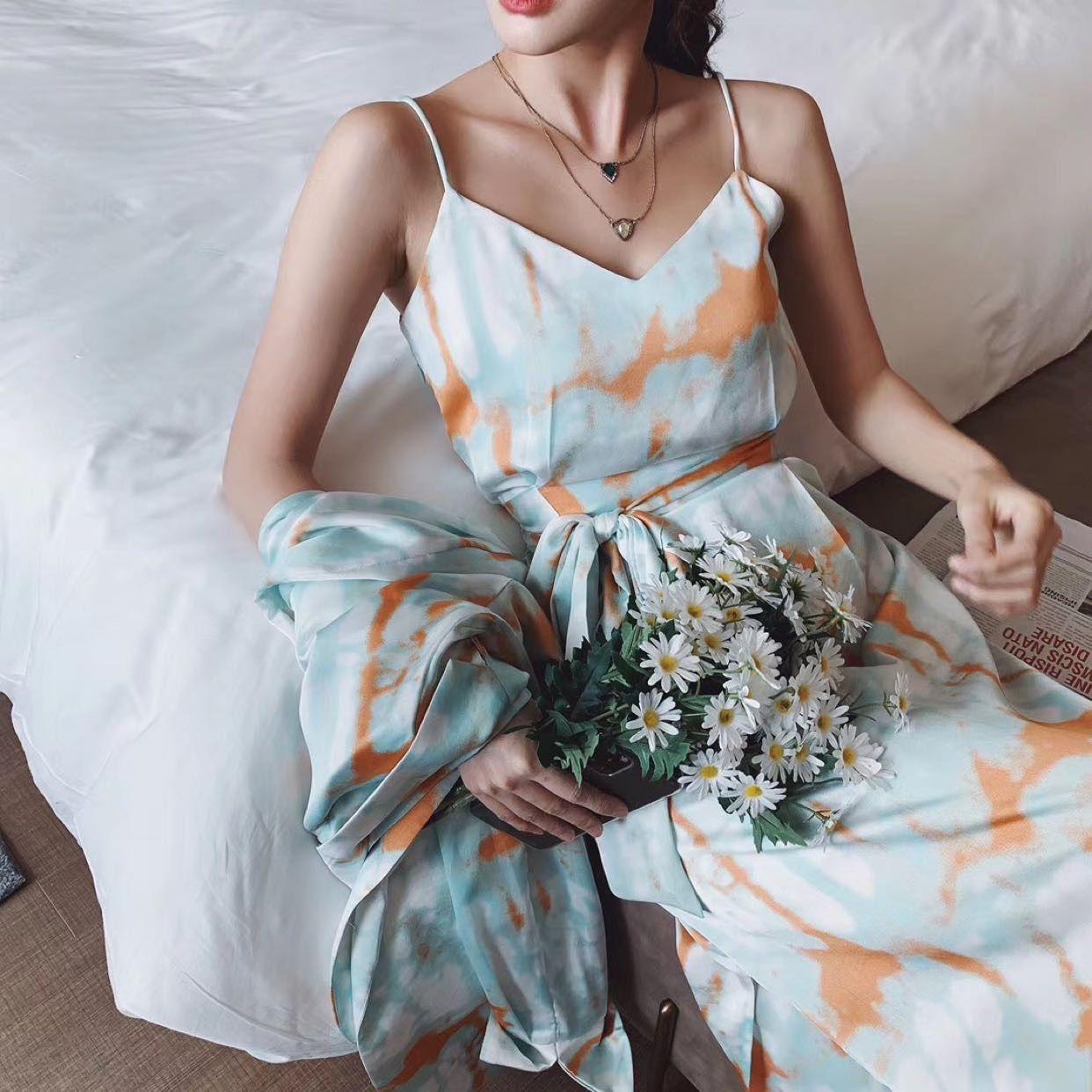 Female Vintage Tie Dyed Ink Satin Silk Suspender Beach Dress Slim Elegant High Waist Holiday Dress